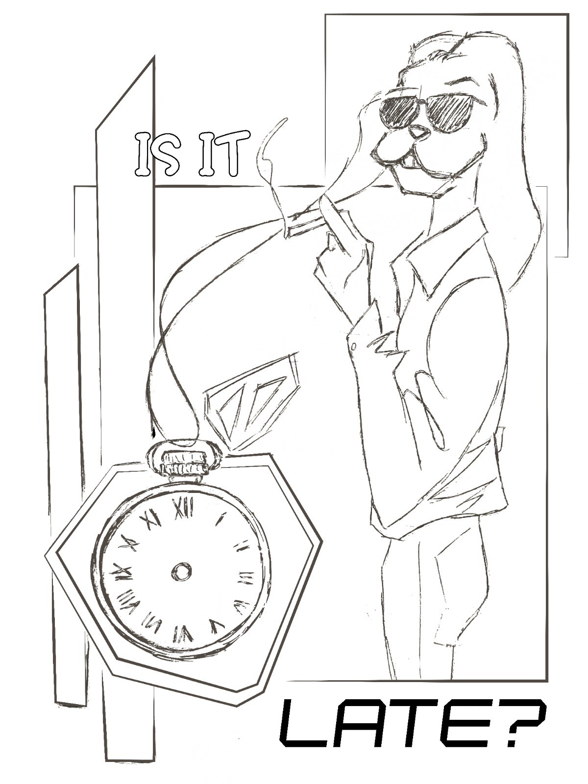 Illustrazione originale in bianco e nero del coniglio noir con occhiali e orologio da tasca