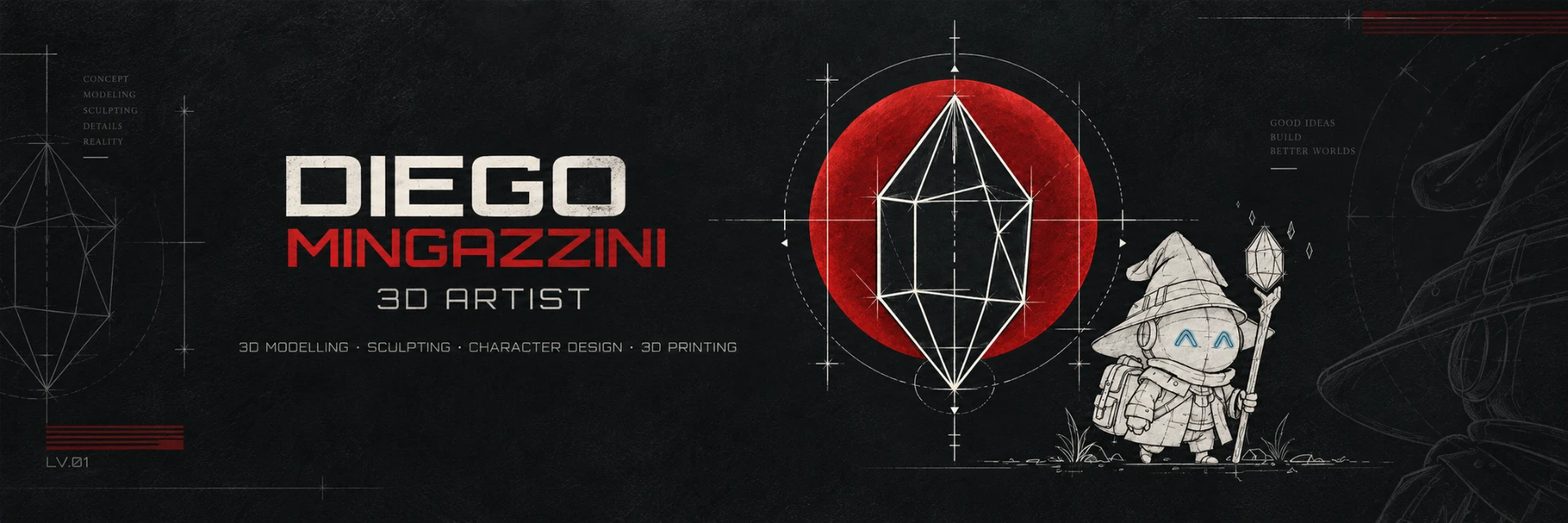 Header portfolio per 3D artist con identità visiva scura e dettagli rossi