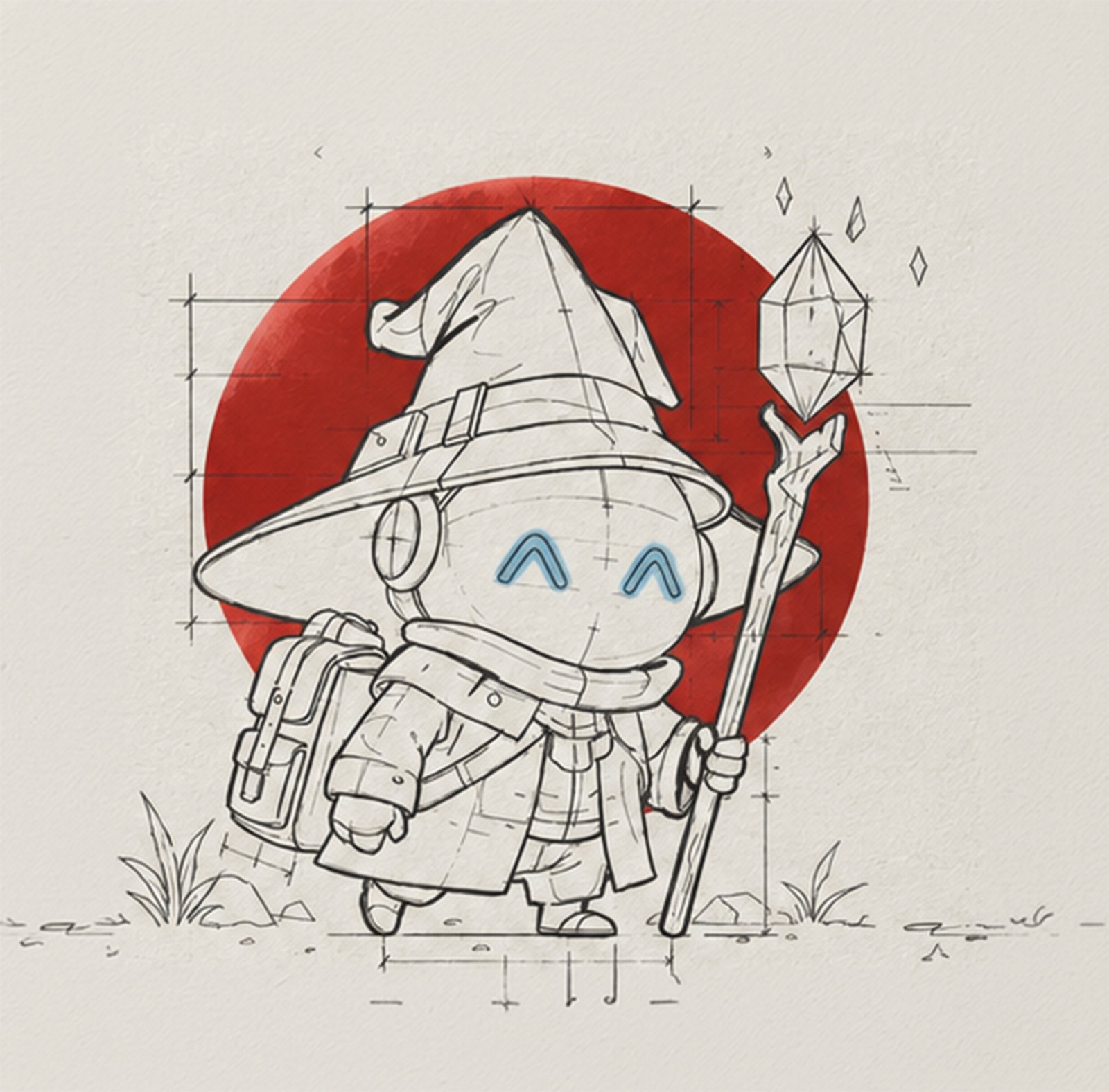 Character illustrato con linee di costruzione tecniche e cerchio rosso