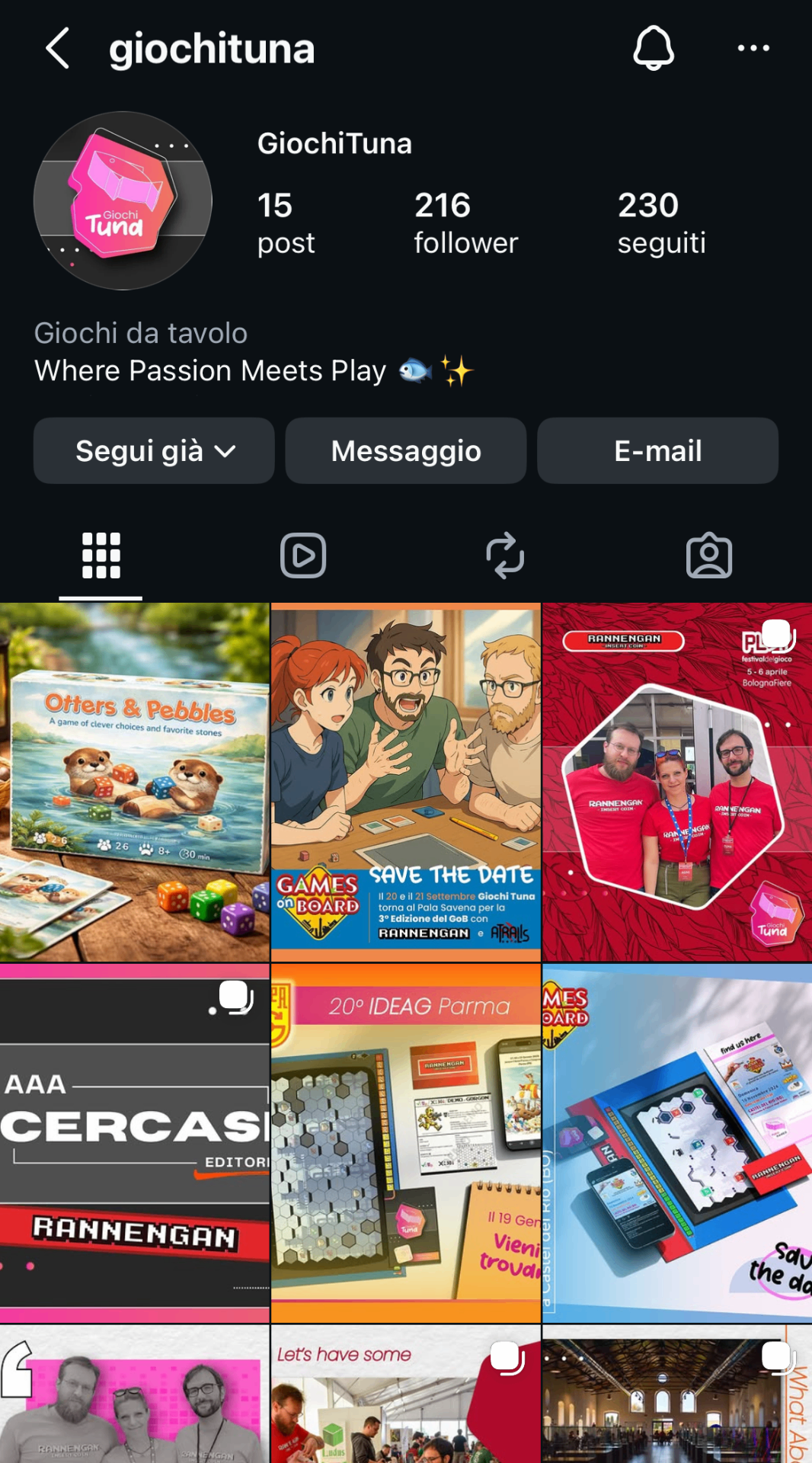 Feed Instagram di Giochi Tuna con il gradiente del brand
