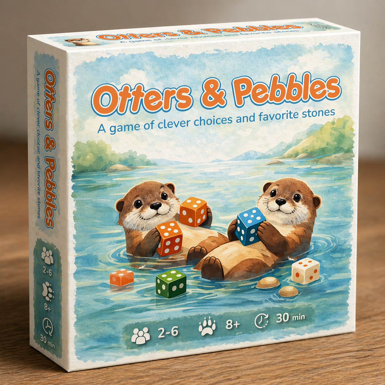 Scatola del gioco Otters & Pebbles con illustrazione e logo del brand