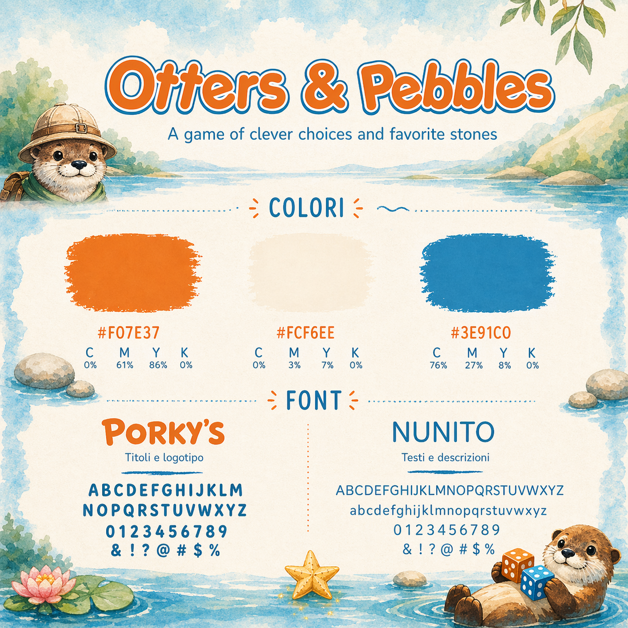 Brand guide di Otters & Pebbles con palette colori e tipografia